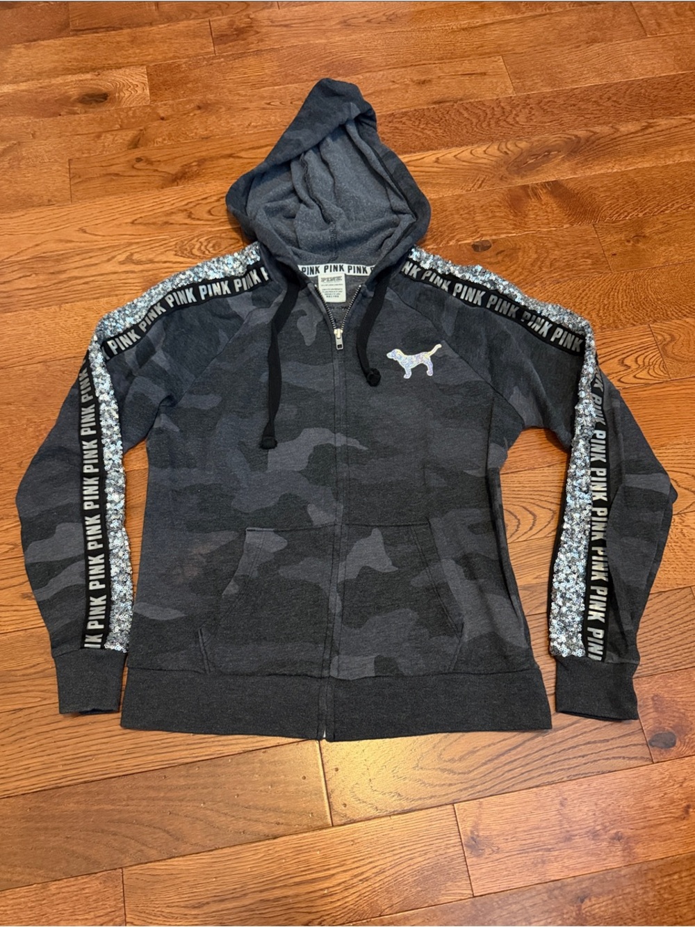 PINK Victoria's Secret Dark Gray Camo Zip Hoodie with Sequin Accent